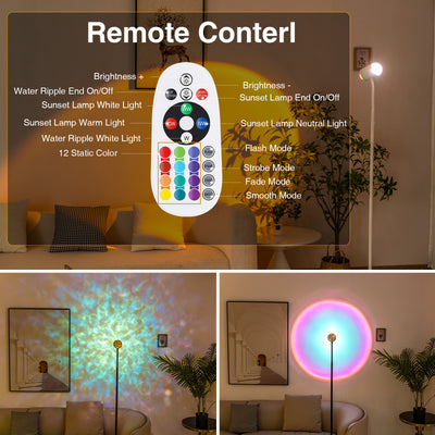 Sunset Lamp Projector with 3D Ocean Wave, 12 Colors Changing & Four Mode with USB Port, RGB Floor Lamp Double Side Lighting with Remote,Creative DIY Mode, 360° Rotation Atmosphere Lamp