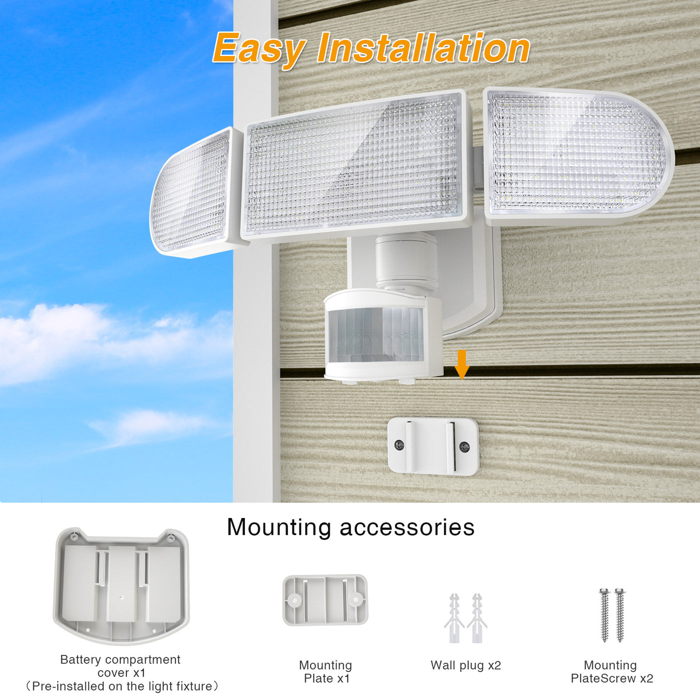 Battery Powered LED Flood Light Outdoor, 1800LM Motion Sensor 3-Head Security Lights, 5000K, IP65 Waterproof,