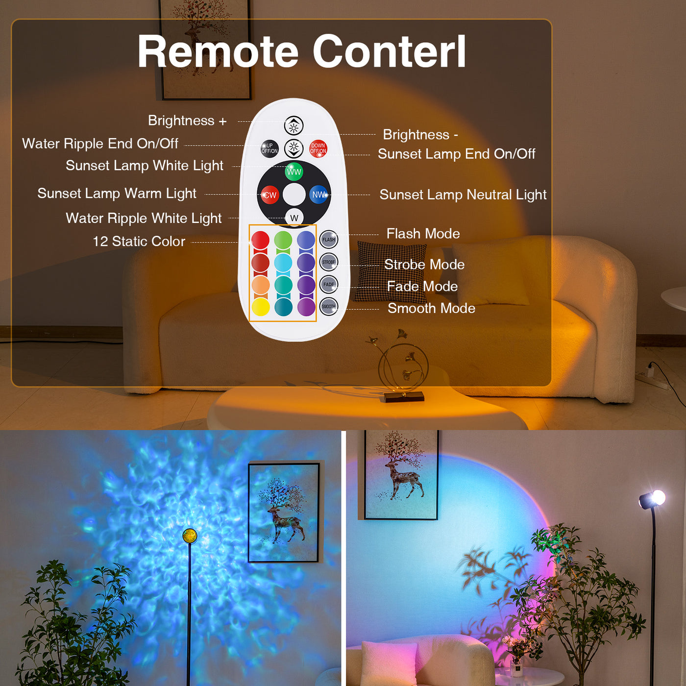 Sunset Lamp Projector with 3D Ocean Wave, 12 Colors Changing & Four Mode with USB Port, RGB Floor Lamp Double Side Lighting with Remote,Creative DIY Mode, 360° Rotation Atmosphere Lamp