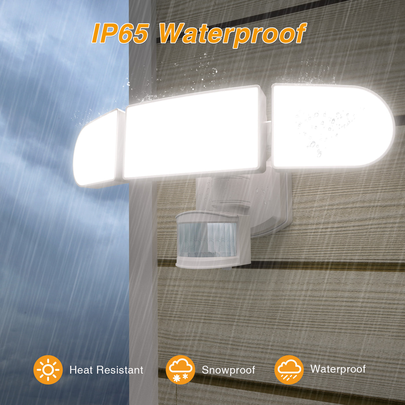 Battery Powered LED Flood Light Outdoor, 1800LM Motion Sensor 3-Head Security Lights, 5000K, IP65 Waterproof,