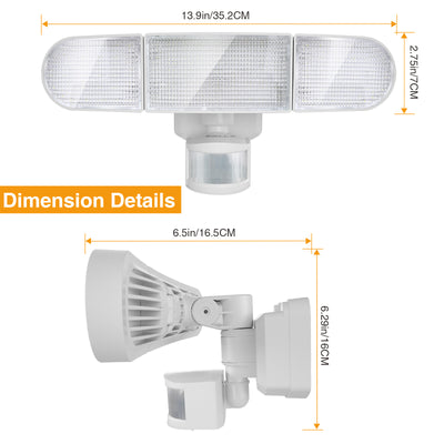 Battery Powered LED Flood Light Outdoor, 1800LM Motion Sensor 3-Head Security Lights, 5000K, IP65 Waterproof,