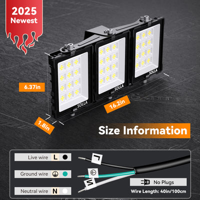 SOLLA 150W-900W 2025 Plus New Upgraded LED Outdoor Flood Light, 15000LM 6000K Daylight White IP66 Waterproof, Stadium Lights, 3 Heads Adjustable Outdoor Floodlight Security Lights for Yards, Patios, Street