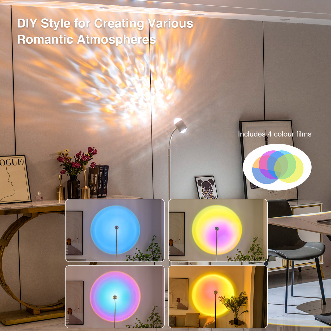 Sunset Lamp Projector with 3D Ocean Wave, 12 Colors Changing & Four Mode with USB Port, RGB Floor Lamp Double Side Lighting with Remote,Creative DIY Mode, 360° Rotation Atmosphere Lamp