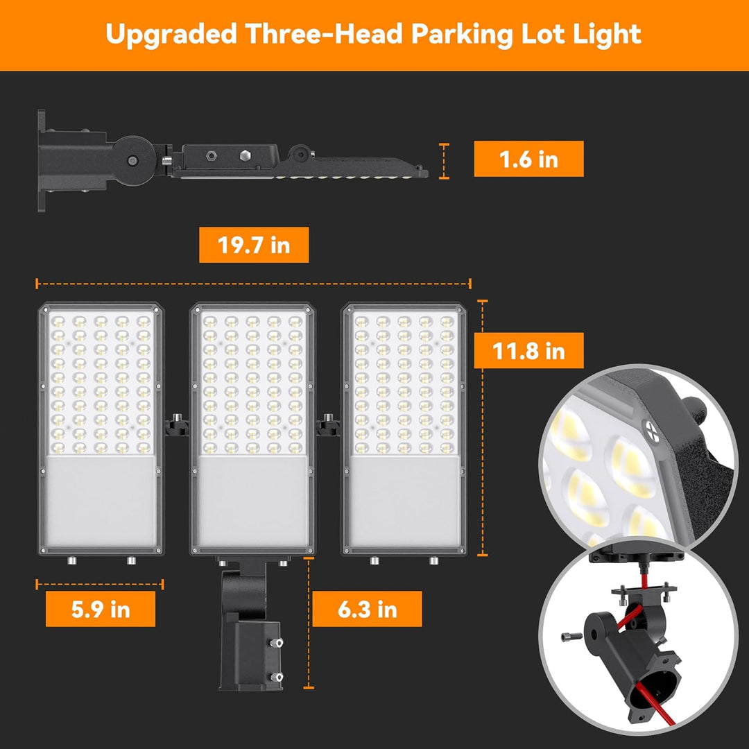 2026 New Upgraded LED Parking Lot Light with Photocell 200W 300W, 150LM/W, 5000K, ETL, IP66 Waterproof Adjustable 3-Head Commercial Lighting Outdoor, Pole Mount, Flood Lights for Roadways, Driveways