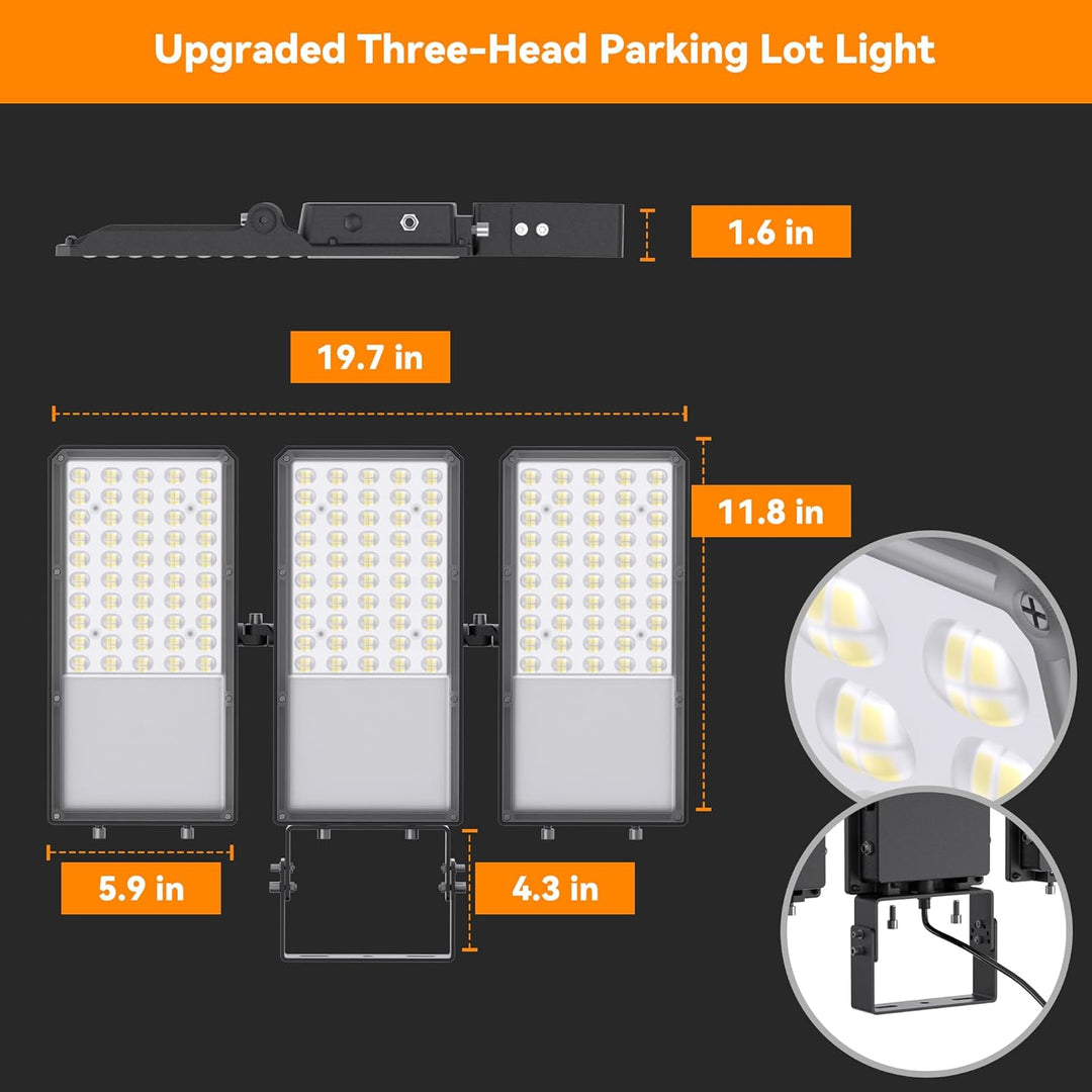 2026 New Upgraded LED Parking Lot Light with Photocell 200W 300W, 150LM/W, 5000K, ETL, IP66 Waterproof Adjustable 3-Head Commercial Lighting Outdoor, Bracket Mount, Flood Lights for Roadways, Driveways