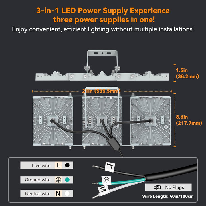 300W 2 PACK LED Outdoor Flood Light, 30000LM Super Bright Stadium Light, 6000K Daylight White, IP66 Waterproof 3 Heads Adjustable Outdoor Floodlights for Backyard, Court, Garden