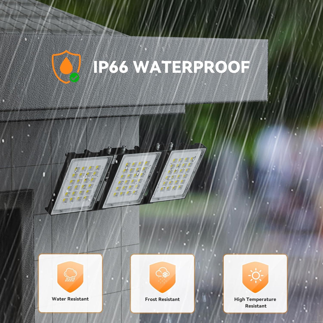 300W 2 Pack LED Outdoor Flood Light, 30000LM Super Bright Stadium Light, 6000K Daylight White, IP66 Waterproof 3 Heads Adjustable Outdoor Floodlights for Backyard, Court, Garden