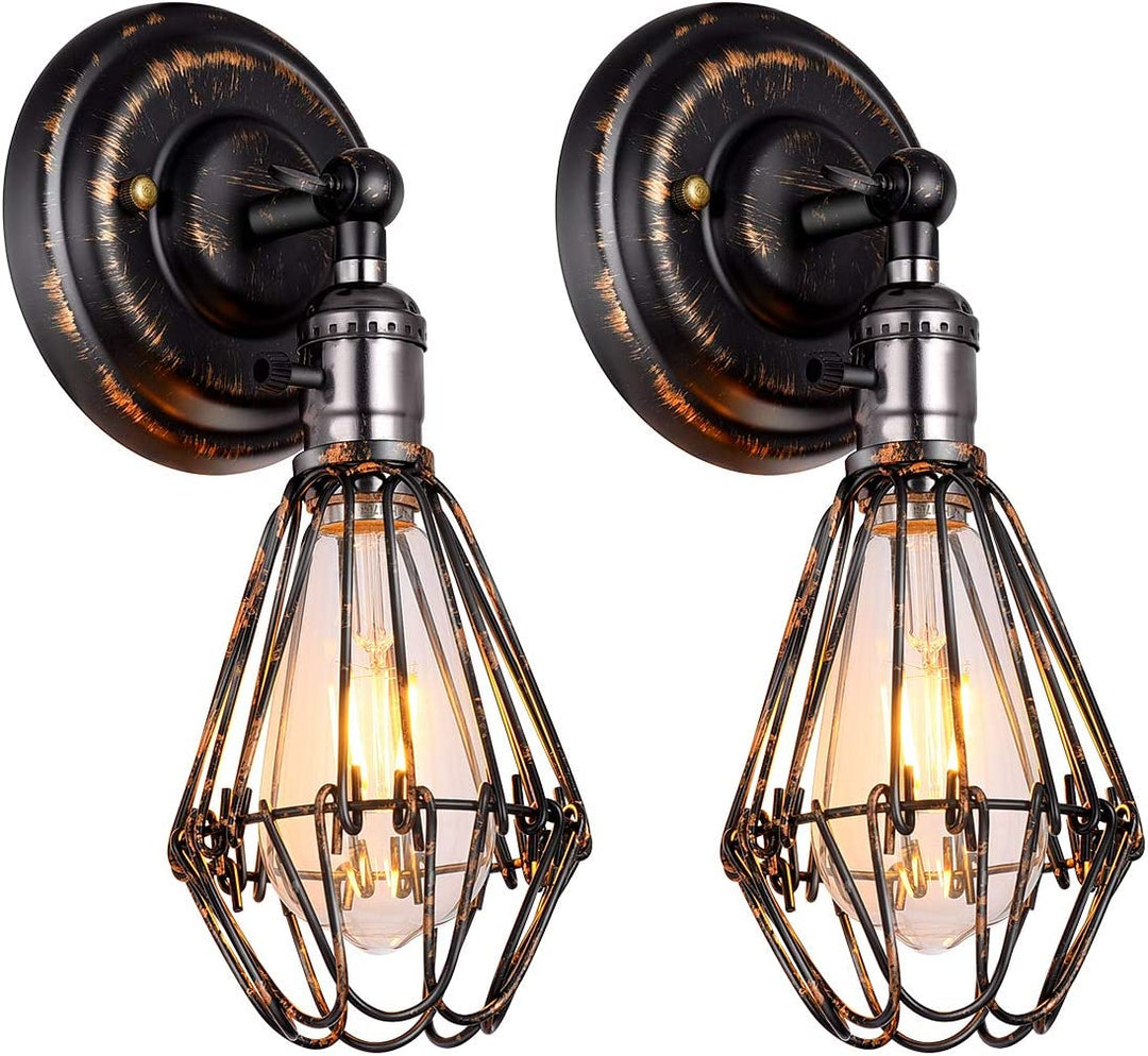Industrial Wall Sconce, 2 Pack Rustic Metal Wire Cage Wall Lamp Fixture