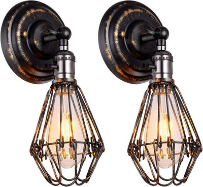 Industrial Wall Sconce, 2 Pack Rustic Metal Wire Cage Wall Lamp Fixture
